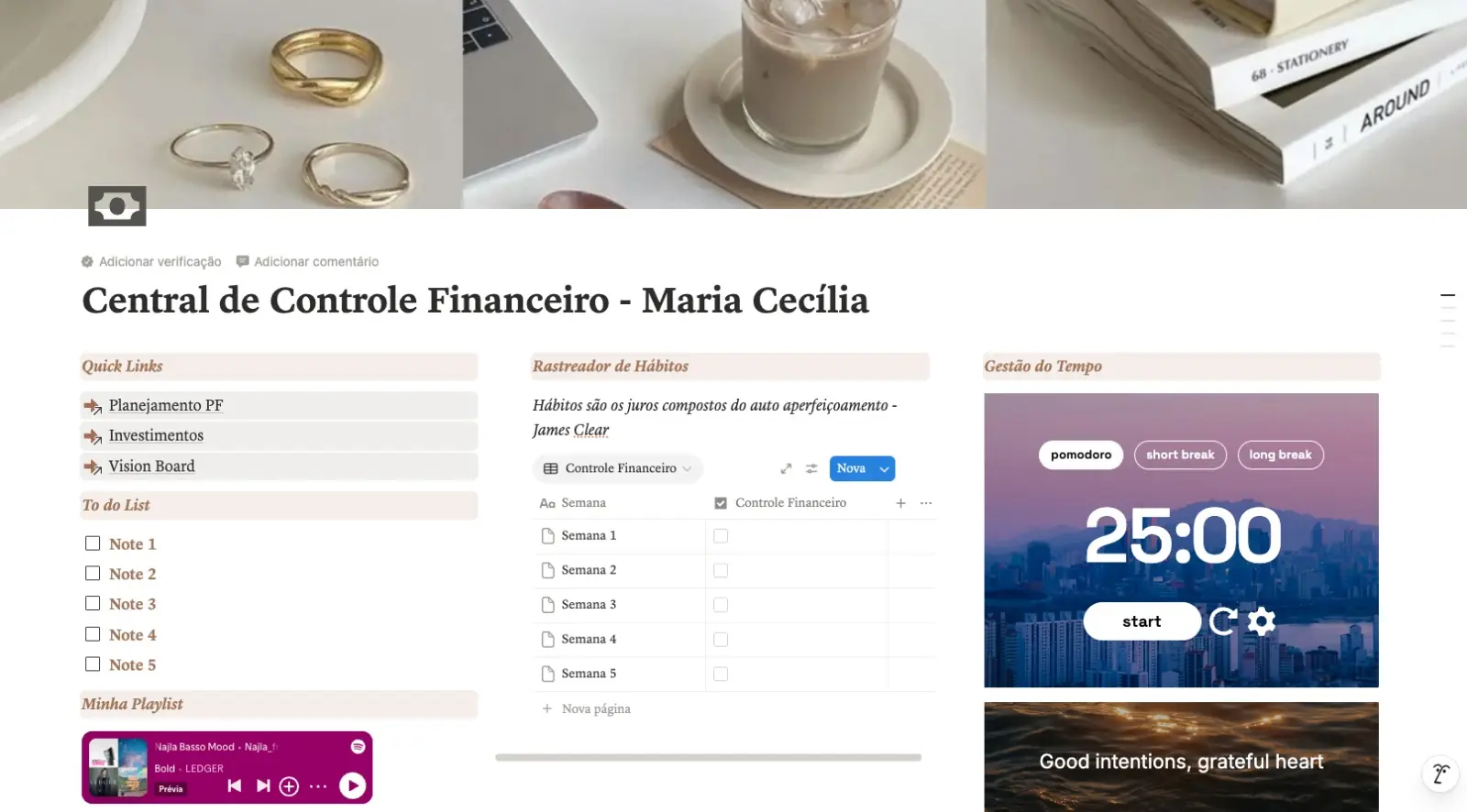 Visão geral de uma Central Financeira personalizada no Notion